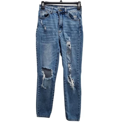 Jeans Hammer Junior Lavado Medio Super Envejecido Cintura Alta Rasgados Ajustados Talla 1 Foto 1 de 4