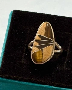 Anillo Navajo Plata Esterlina Multi-Piedra Ojo de Tigre Ónix Incrustación Geométrica 925 5 - Imagen 1 de 3