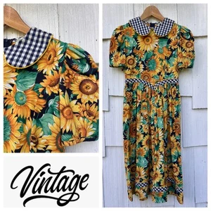 Vintage Rare Editions Sunflower Gingham Dress Peter Pan Collar Midi Size 14 - Picture 1 of 9