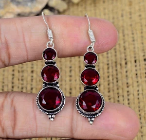Red Garnet Gemstone Jewelry Handmade 925 Sterling Silver Earring Gift For Women - Picture 1 of 4