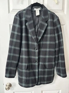 Vintage Harve Benard Wool Blazer Jacket 14 Green Black Plaid Suede Elbow Patches - Picture 1 of 12
