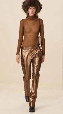 NUEVO CON ETIQUETAS PANTALONES ZARA SRPLS ORO GENUINO Bronce CUERO ESTILO CARGO Talla Mediana Foto 1 de 4