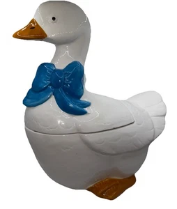 Vintage 80er Keramik Gans Ente Keksdose blaue Schleife groß 11' 1984 - Bild 1 von 7