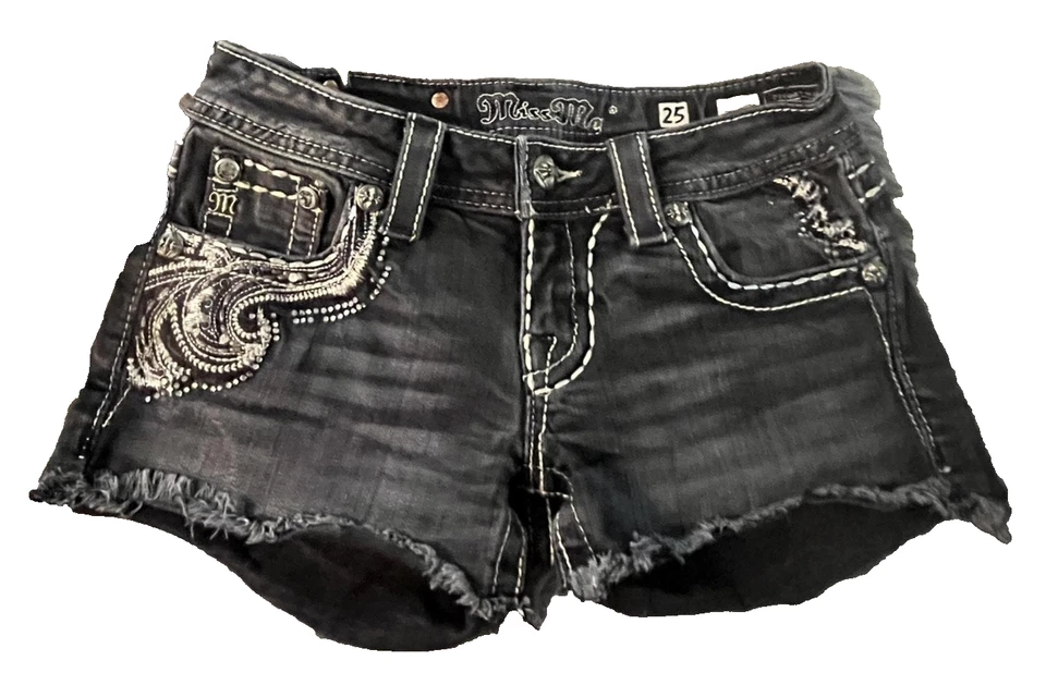 Miss Me Shorts Womens 25 Black Denim Embellished Distressed Cutoff JE637MH2 - Image 1 of 4