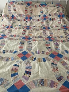 Antique Wedding Ring 1930s Quilt Top 78” X 74” Hand Sewn Florals Solids Novelty - Picture 1 of 6