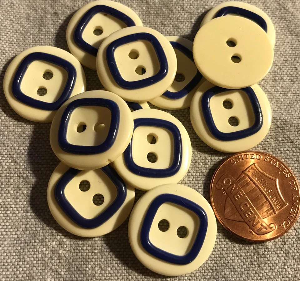12 Cream & Navy Blue Plastic See-through Buttons 18mm 11/16" # 8294 - Image 1 of 1