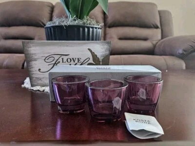 NIB Kosta Boda Bruk Purple Art Glass Votives Set Of 3 Anna Ehrner Sweden 2.5” - Image 1 of 4