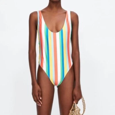 Zara Rainbow Womens One Piece Swimsuit Size S Stripe Multicolor Cheeky Vertical - Image 1 of 4