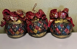3-Vtg Dept. 56 Gold Paper Mache Ribbon Hand painted Silk Road Round Ornaments - Picture 1 of 7