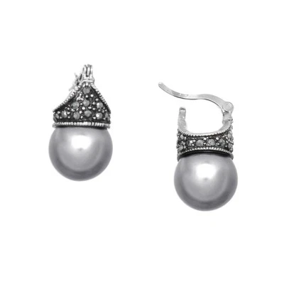 Vintage Glass Pearl Drop Earrings with Hematite Crystal, Rhodium Plated - Image 1 of 2