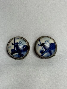 Vintage Blue Delft Holland Silver Earrings (CHARMS) Windmill Boat MISSING BACK - Bild 1 von 3