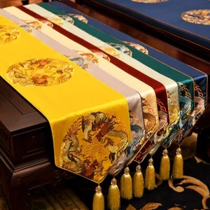 Chinese Table Runner Jacquard Dragon Pattern Tablecloth Tassel Kitchen Home - Picture 1 of 19