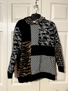 Michael Kors Camo Leopard Print Logo Colorblock Hooded Sweatshirt XS NWD - Picture 1 of 9