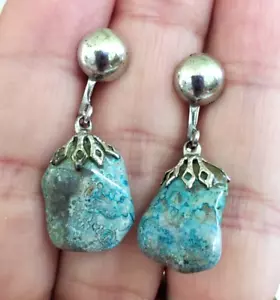 Tumbled Blue Apatite Nugget Dangle Stone Silver Tone Screw Back Earrings 1-3/8" - Picture 1 of 6