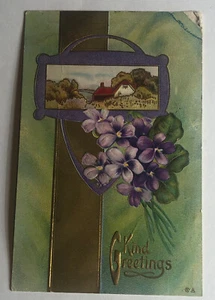 Postal Saludos Flores Púrpura Casa En Los Árboles Hojas Verdes De Colección - Imagen 1 de 4