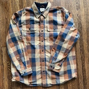 LL Bean Hurricane Shirt Jacket Lined Flannel Mens L Plaid Brown Blue Cotton - Picture 1 of 8