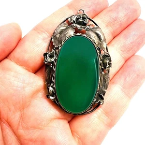 Antique Art Nouveau Pendant with Green Agate, Silver Setting Floral Style - Picture 1 of 5