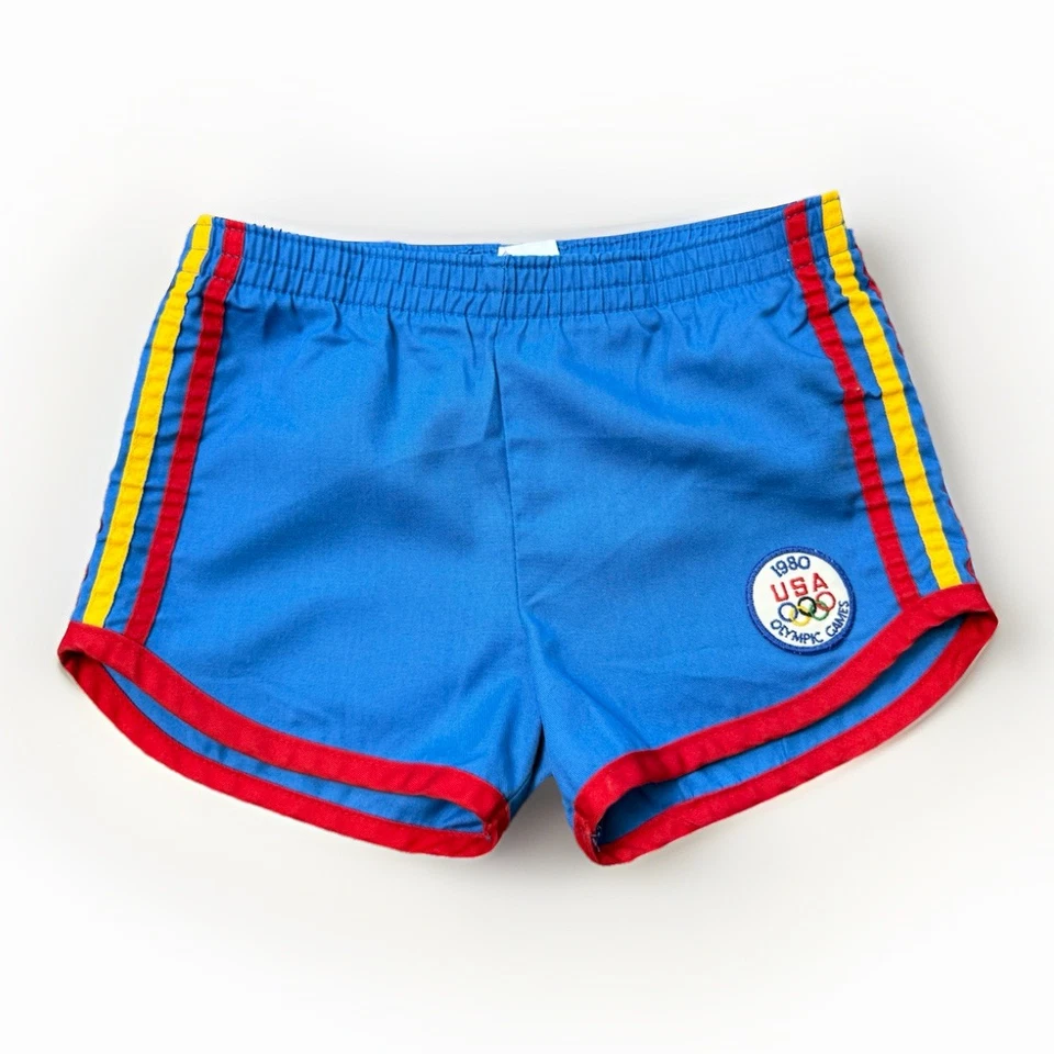 Shorts de corrida vintage 1980 Levi’s EUA Jogos Olímpicos acabamento azul vermelho, tamanho pequeno - Imagem 1 de 4