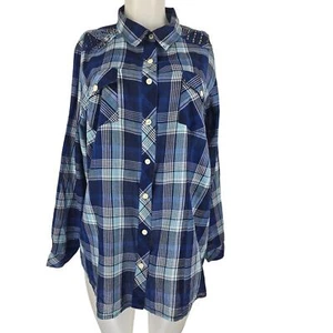 Torrid Women's Blue Plaid Country Western Studded Long Sleeve Shirt 2 - 2X - Picture 1 of 7