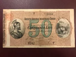 50 LIRE CREDITO AGRICOLO INDUSTRIALE SARDO CAGLIARI 1874 MB/QUASI BB CVFRA - Foto 1 di 4