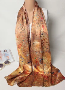 100% Silk Satin Women Scarf 67x20" long Shawl Wrap orange yellow large MY1 - Picture 1 of 5
