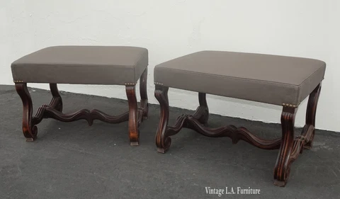 Pair Vintage French Country Gray Benches Ottomans w a Trestle Base ~ Bench Stool Cover
