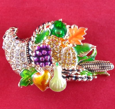 2.5" NAPIER INSPIRED CRYSTAL CORNUCOPIA HORN OF PLENTY THANKSGIVING FALL BROOCH - Image 1 of 4