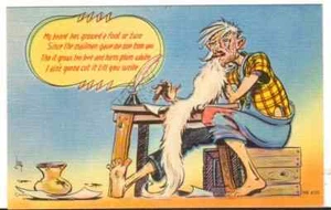 Undated Unused Postcard Comic Hillbilly Long Beard writing a letter waiting - Picture 1 of 2