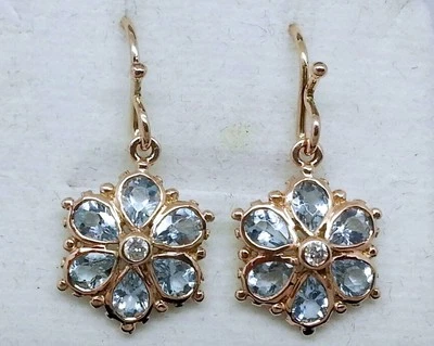 Pendientes colgantes E036 genuinos de oro rosa de 9 quilates NATURAL aguamarina y flor de diamantes Foto 1 de 4
