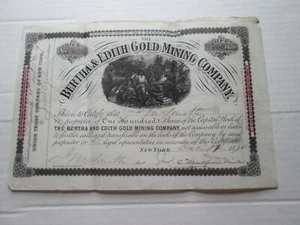  ONE (1) DEC. 11 1878 BERTHA & EDITH GOLD MINING COMPANY STOCK CERTIFICATE, NY - Picture 1 of 2
