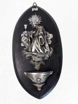 Bénitier Crucifix XIXe – Marbre Noir et Bronze Argenté ⚜️ - Photo 1/4