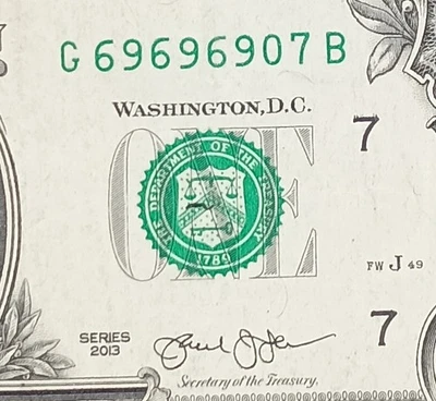 G69696907B $1 Repeater Fancy Serial Number One Dollar Bill 2013 Note - Image 1 of 3