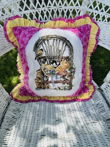 Vintage Cat Cross Stitch 90’s Cottage Grannycore Pink Pillow - Picture 1 of 13