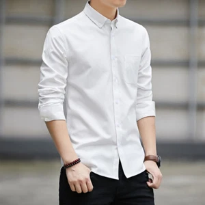 New Men's Dress Shirts Long Sleeves Slim Fit Korean Oxford Pocket Casual Shirts - Picture 1 of 18