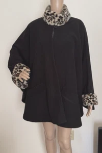 BEAUTIFUL! VINTAGE High End Black Faux Fur Leopard Poncho Jacket Wrap One Size - Picture 1 of 8