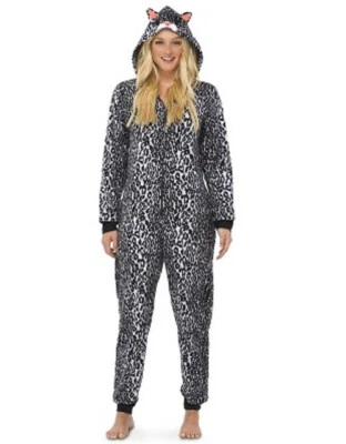 Pijama adulto com capuz leopardo lã peça única terno união gato fantasia feminina P M G - Imagem 1 de 3