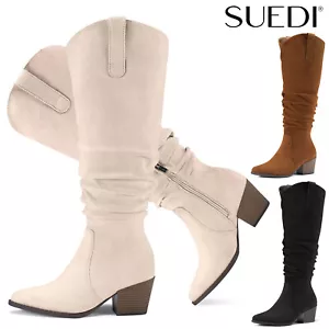 SUEDI Women Knee High Slouchy Boots Side Zip Block Heel Pointed Toe Riding Boots - Picture 1 of 42
