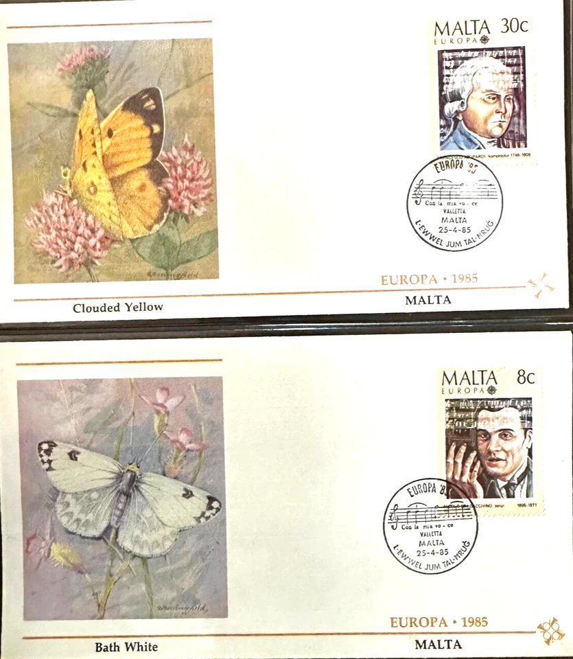 BATH WHITE & YELLOW BUTTERFLY MALTA MUSIC EUROPA 1985 2 FLEETWOOD CACHET FDCS - Image 1 of 1