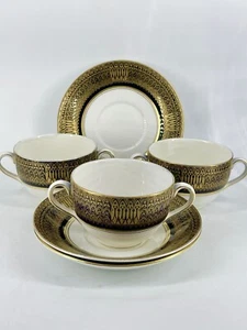 Soho pottery Solian ware Two Handle Cream Soup Bowl Cup Blue Gold Art Deco cathe - Picture 1 of 18