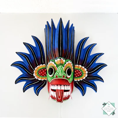 Hand Carved Wooden Blue Color Wall Decor Gini Raksha Mask - Image 1 of 4