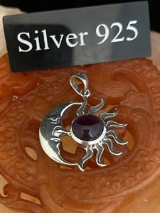 Silver And Purple Stone Moon / Sun Pendant And Fine Silver Chain - Picture 1 of 5
