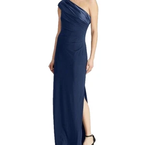 LAUREN RALPH LAUREN One Shoulder Maxi Dress Sz 6 Navy Blue Satin Trim Side Slit - Picture 1 of 15