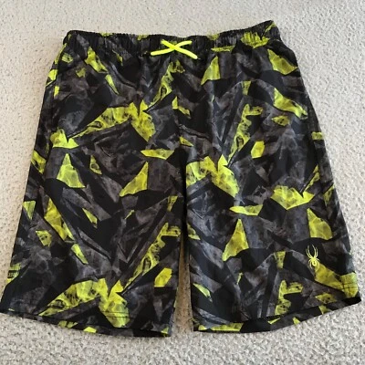 Spyder Swim Trunks Youth XL 18/20 Preto Amarelo Elástico Bolso de Cintura Logotipo Elástico - Imagem 1 de 4