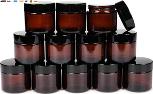, 12, Amber, 2 Oz, round Glass Jars, with Inner Liners and Black Lids - Picture 1 of 6