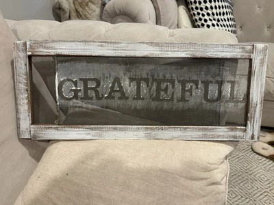 GRATEFUL Sign Farmhouse Wood Frame Metal ScreenThanksgiving Inspirational Decor - Image 1 of 4