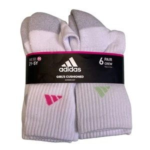 Adidas Girl's Cushioned Aeroready Crew Socks 6 Pack Size M 2Y-5Y White/Grey - Picture 1 of 2