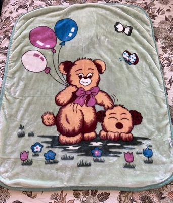 Винтажный Minky Baby одеяло медведь воздушные шары щенок Kawaii стиль милый мягкий зеленый - Изображение 1 из 4