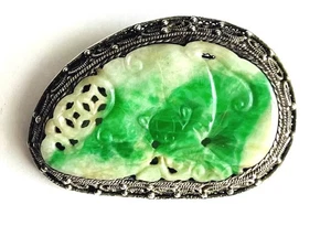 ANTIQUE CHINESE STERLING SILVER AND JADE BROOCH - Picture 1 of 2