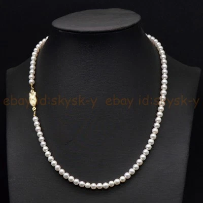 Collar redondo de perlas blancas naturales genuinas de 5-6 mm cierre de oro de 14-26"" 14 k Foto 1 de 4