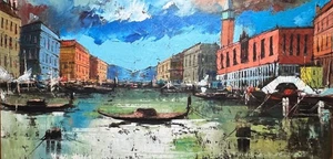 Altes Vintage Venedig Italien Ölgemälde Kanal Italienisches Stadtbild MCM gerahmt Kunst - Bild 1 von 21
